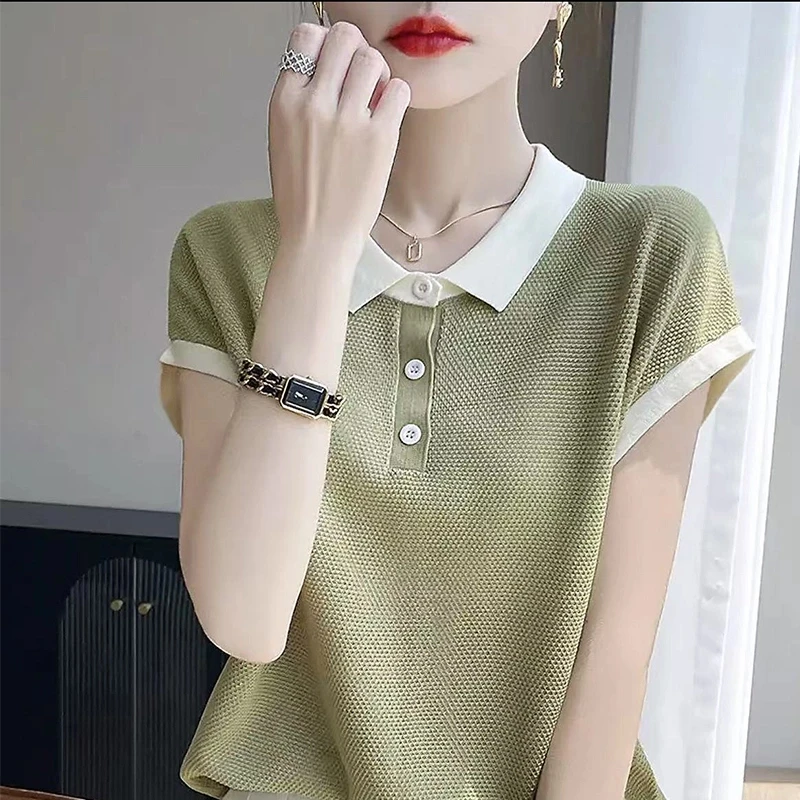 一~娃娃领撞色短袖T恤洋气精致短袖别致女小众炸街高级慵懒风上衣