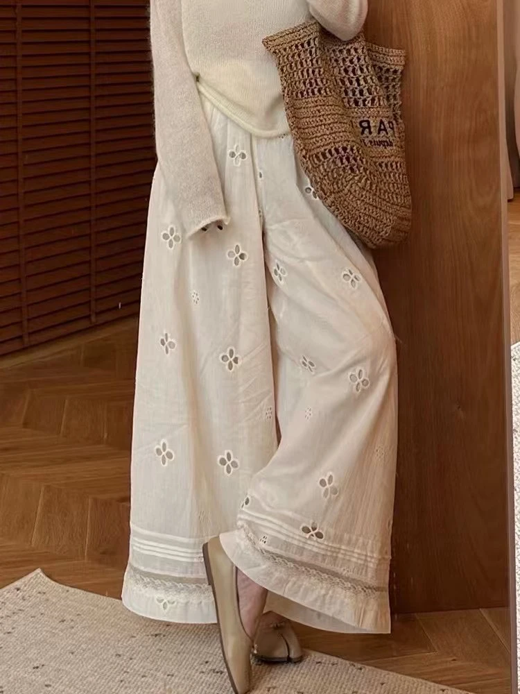 镂空蕾丝拼接休闲裤高腰宽松垂感直筒阔腿裤夏季薄款长裤