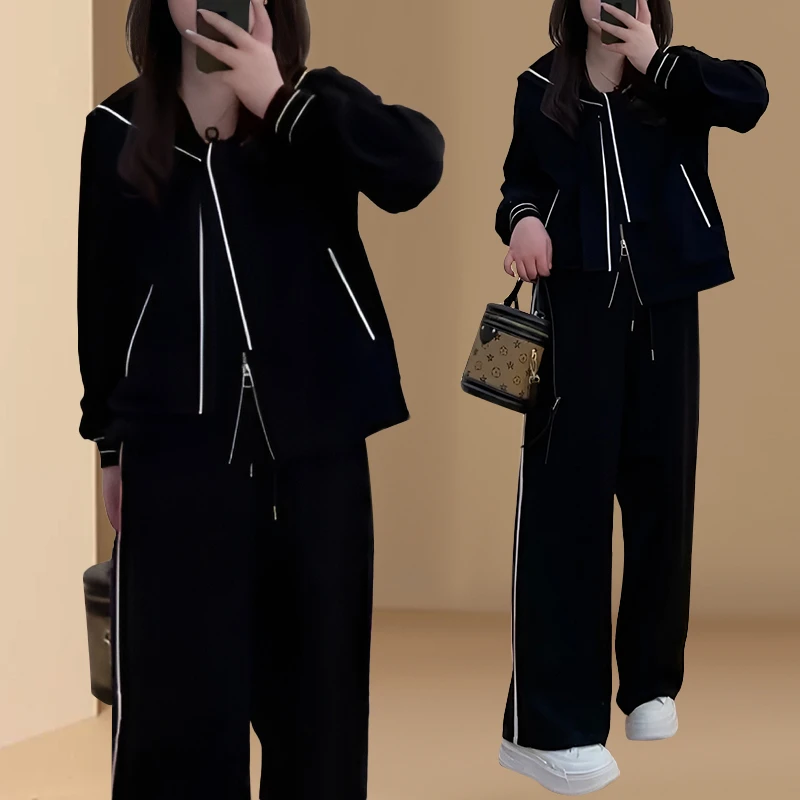 休闲运动套装女士2025春秋新款长袖拉链开衫外套宽松高腰阔腿裤