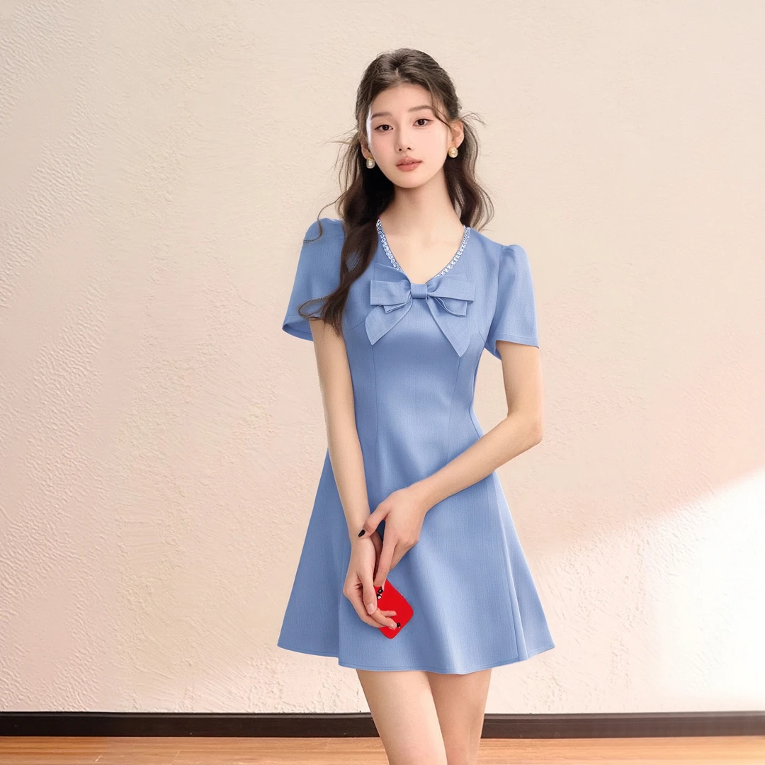 B2025夏季夏新款miu系气质千金风蝴蝶结赫本风小黑裙A字裙子D2259