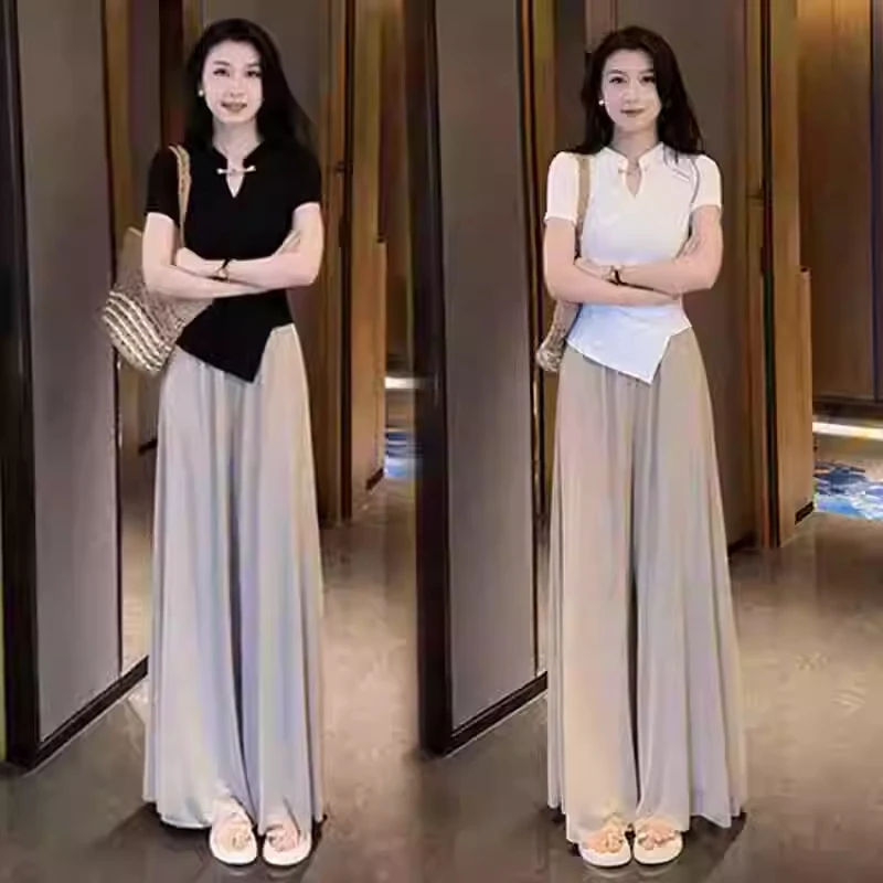 【有间】时尚套装女夏新款洋气显瘦不规则盘扣短袖上衣阔腿裤两件套