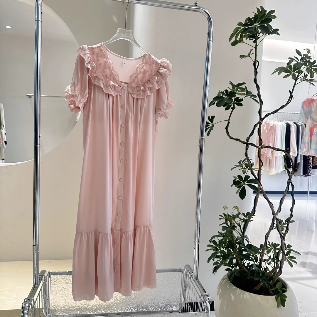 【带胸垫】法式花边睡衣女冰丝短袖夏季春秋薄款家居服睡裙长款