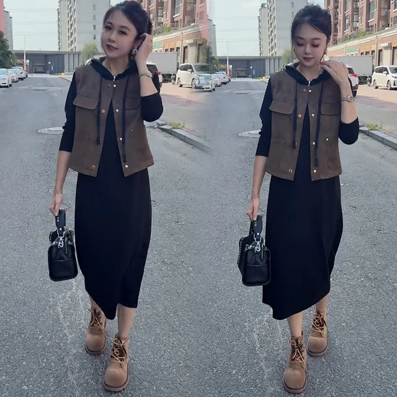 2025秋季新款时尚显瘦气质网红高档洋气女马甲长裙宽松大码两件套