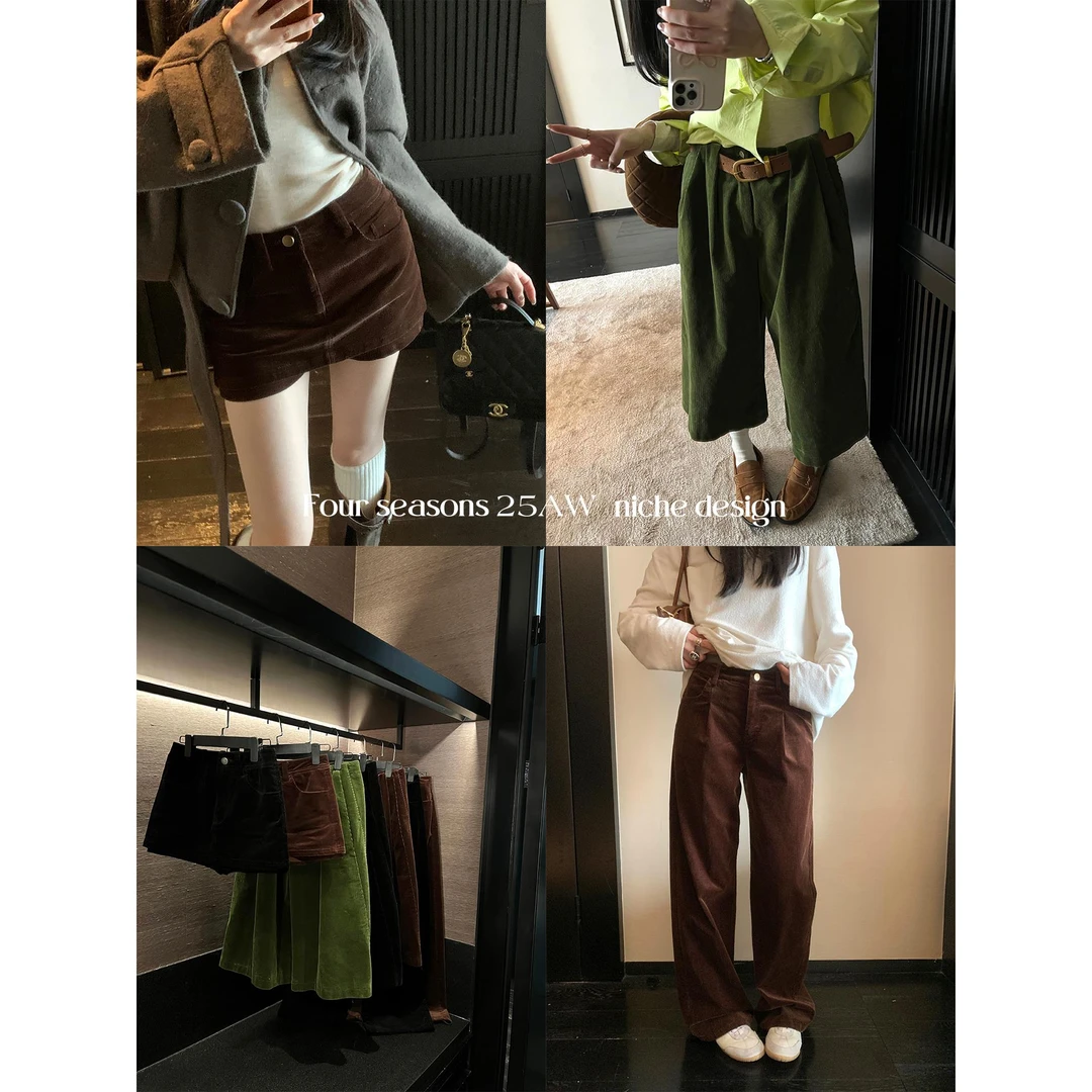 区区欧阳灯芯绒休闲裤女秋季新款直筒阔腿裤拖地长裤宽松复古裤子