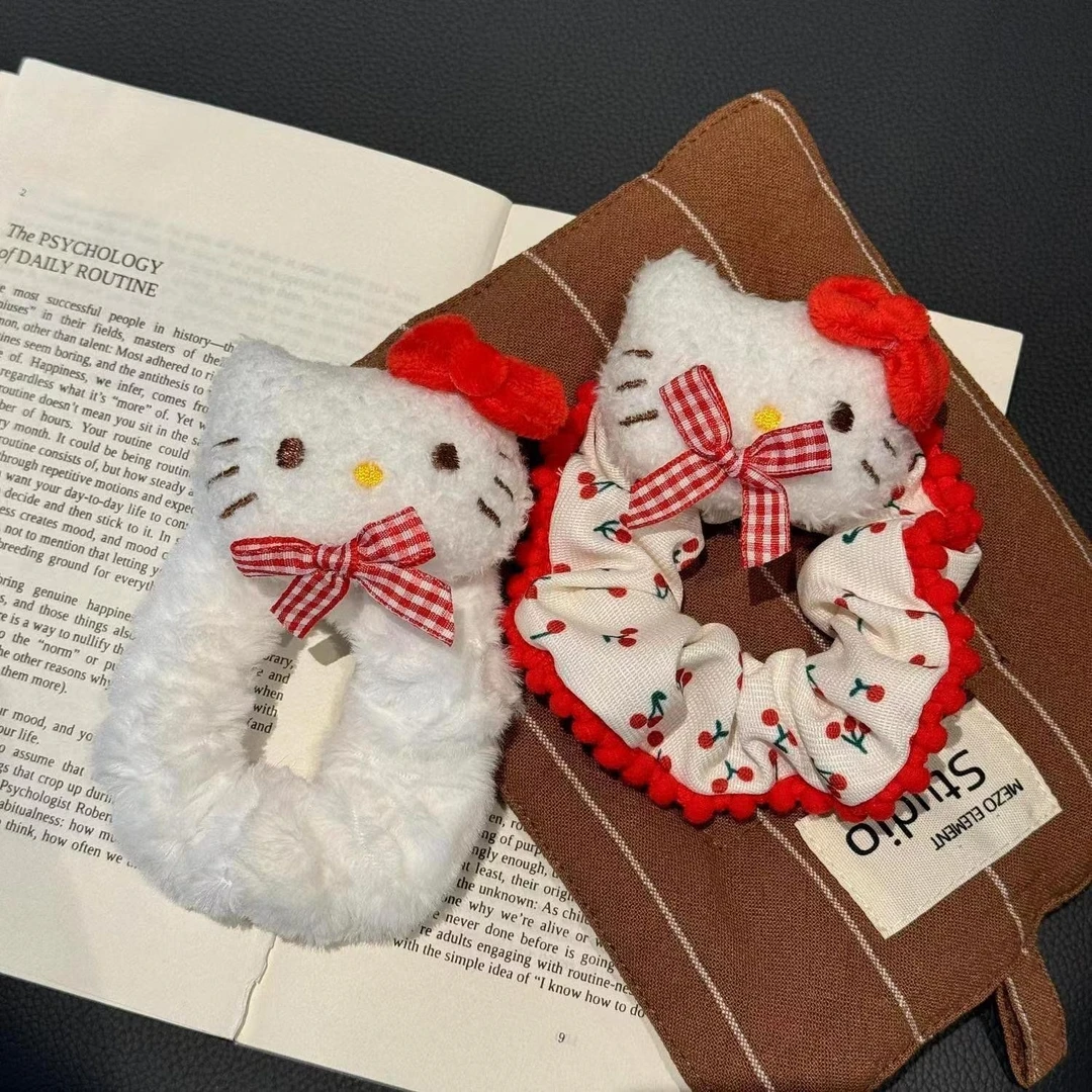 【KT小铺】可爱红格子蝴蝶结kitty猫头绳发圈软妹毛茸茸卡通发