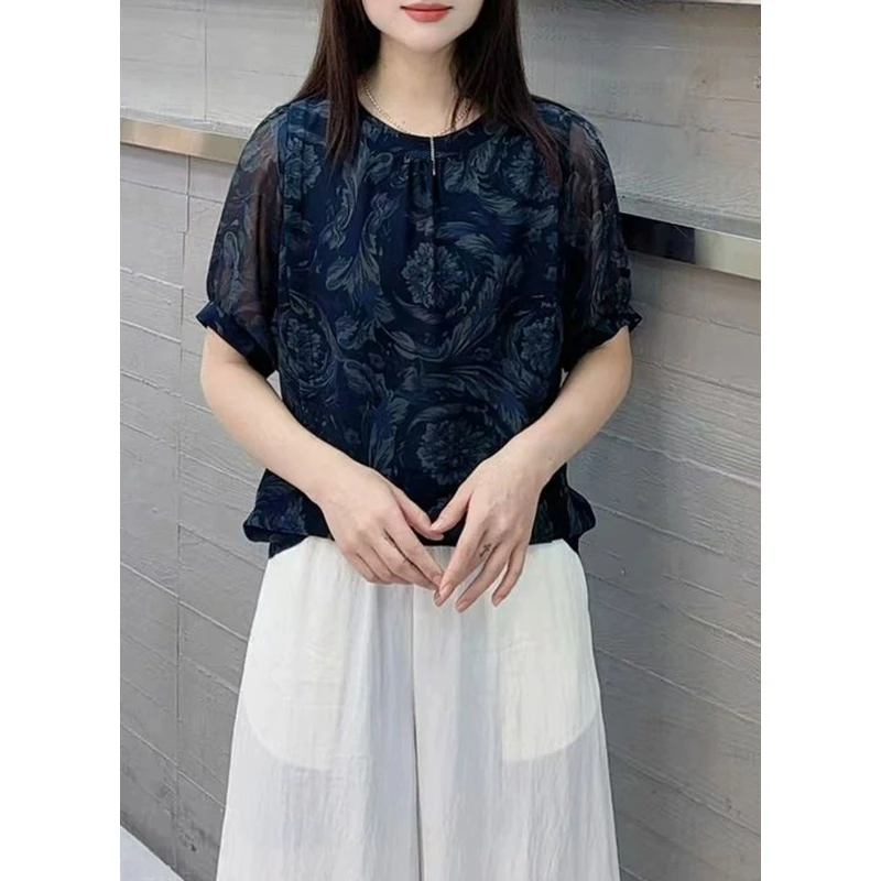 时尚衬衫百搭圆领宽松显瘦透气印花上衣女善良 9101