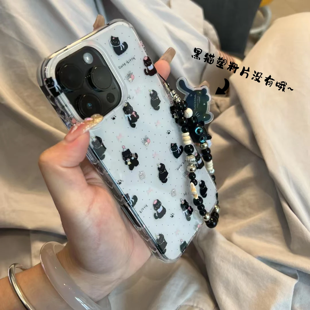 SMBLCE黑猫咪珠子挂绳适用iPhone16大孔手机壳华为vivo小米oppo套