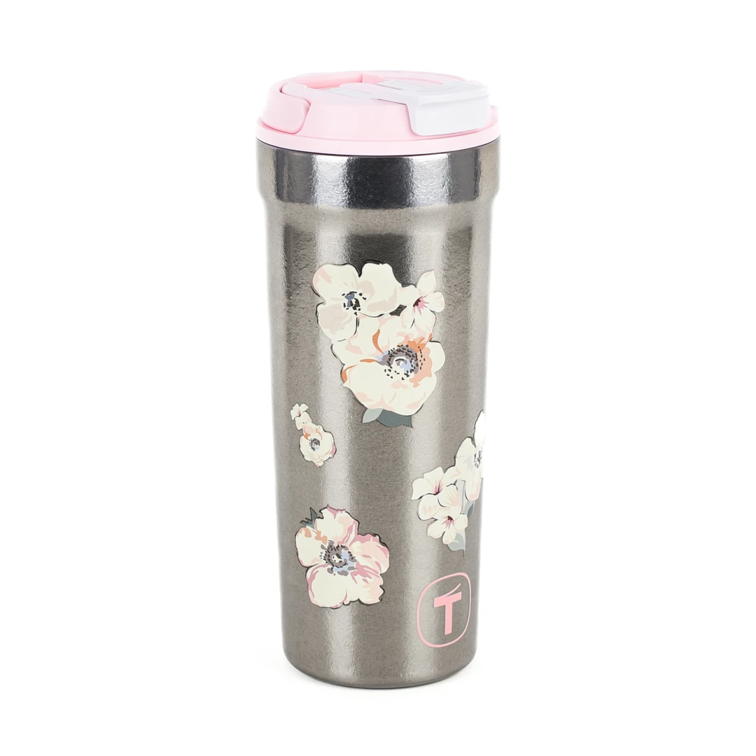 特百惠650ml易开合上盖钛杯 高颜值车载带提手便携繁花保温杯