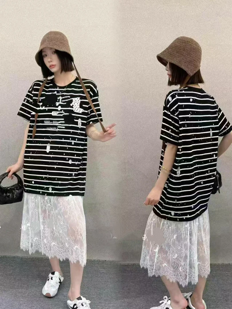 【BAI】棉质夏季新款时尚条纹短袖蕾丝T恤裙女92604