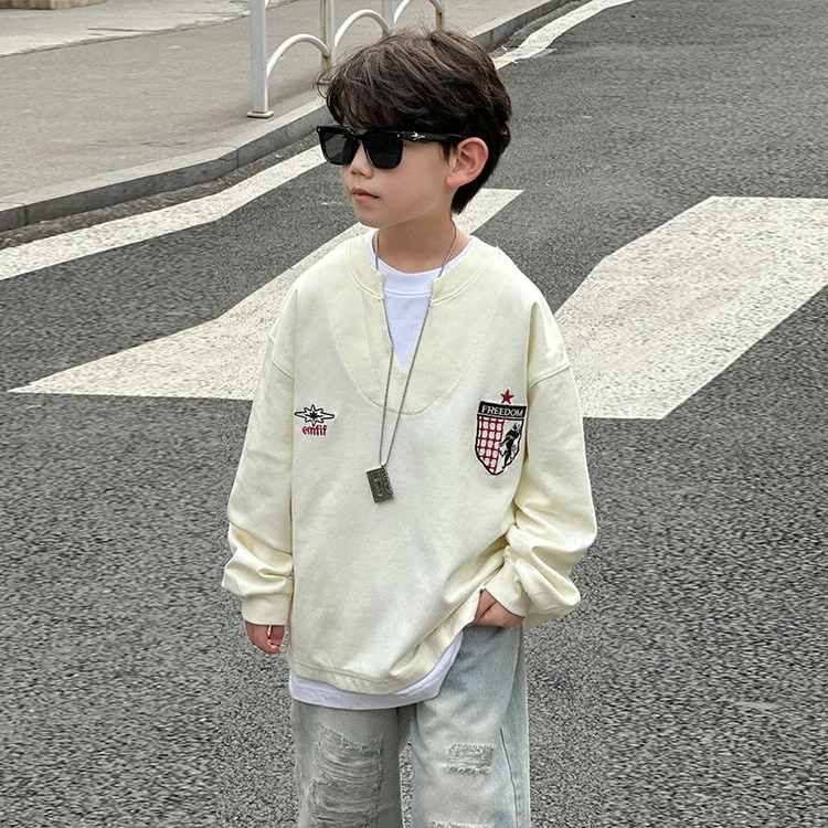 2025春季新款韩版男童长袖时尚百搭拼接假两圆领卫衣儿童帅气上衣