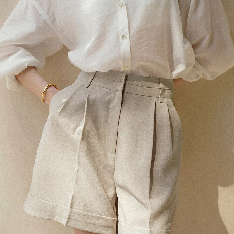 经典百搭纯亚麻短裤女春夏新款高腰显瘦休闲裤双侧插袋纯色阔腿裤