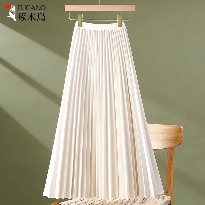 TUCANO/啄木鳥秋冬款毛呢百褶裙温柔风半身裙中长款A字风琴褶伞裙