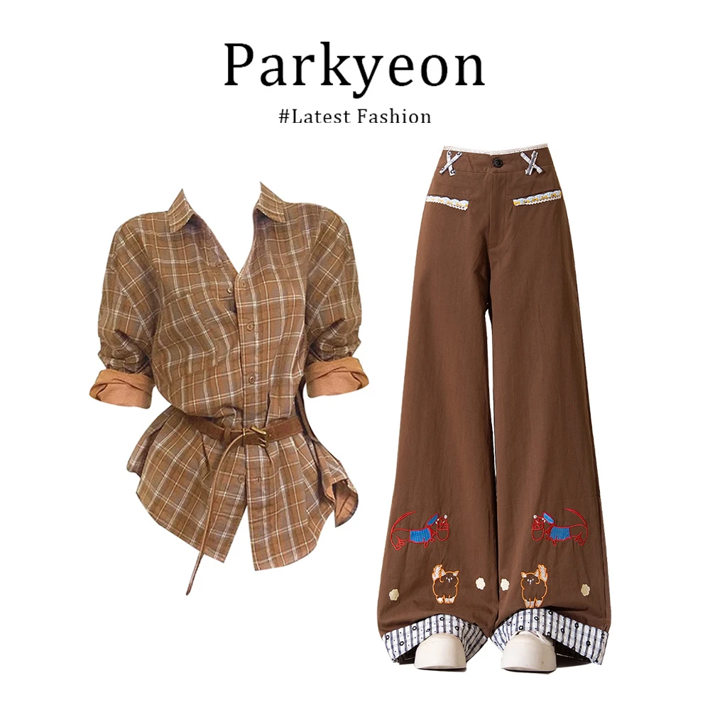 parkyeon韩系可爱减龄杏色蕾丝拼接假两件长袖t恤上衣裤子两件套