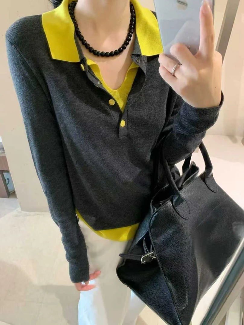 大码小众设计感撞色假两件翻领针织衫女秋季新款胖mm宽松百搭上衣
