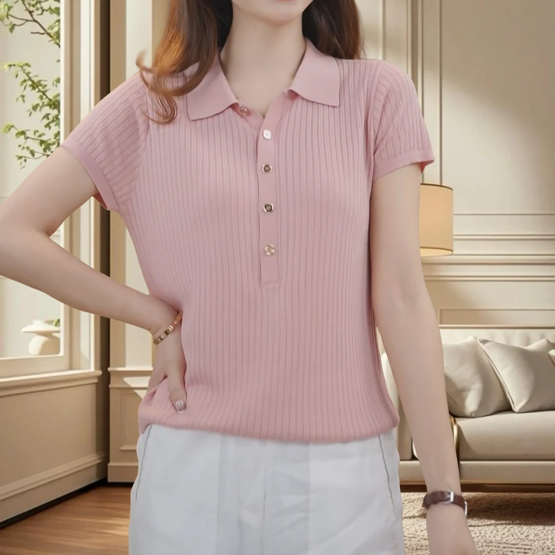 POLO领百搭冰丝薄款针织衫短袖T恤女夏新款显瘦简约纯色大码上衣