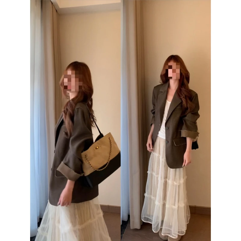 韩系复古廓形设计感撞色毛边西装外套女秋季新款仙气飘飘半身裙子
