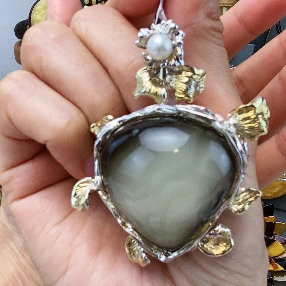 琥珀裸石银S925镶嵌吊坠