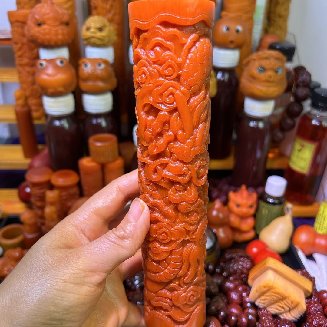 玉化成品实心竹龙血金丝竹雕刻盘龙柱，九龙拉棺手把件摆件