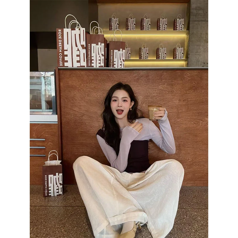 韩系小众设计感休闲百搭撞色不规则上衣女高腰修身显瘦阔腿裤长裤