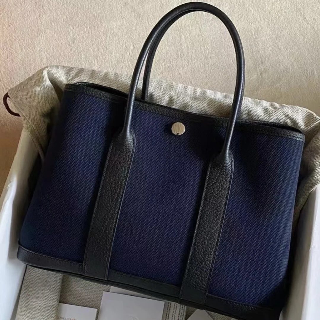 99新 Hermes/爱马仕 【娇】花园包 30 黑色 帆布 B刻 银扣 665496