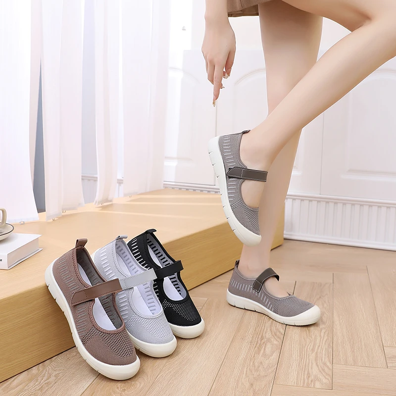 夏季针织透气妈妈浅口凉鞋舒适软底中老年健步鞋镂空超软运动鞋女