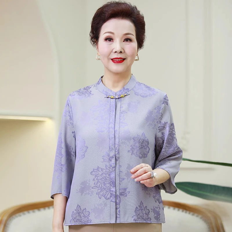 妈妈装高档气质七分袖衬衫2025新款中老年女奶奶洋气宽松t恤上衣