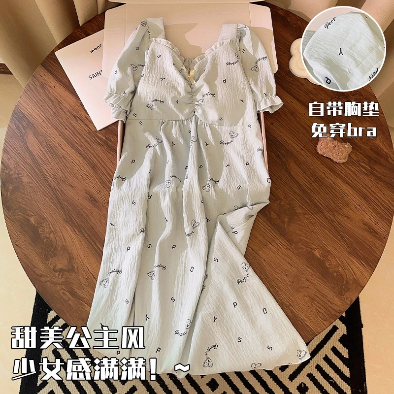 夏季天睡衣女短袖甜美带胸垫云朵棉睡裙2025新款蓝色夏天家居服薄