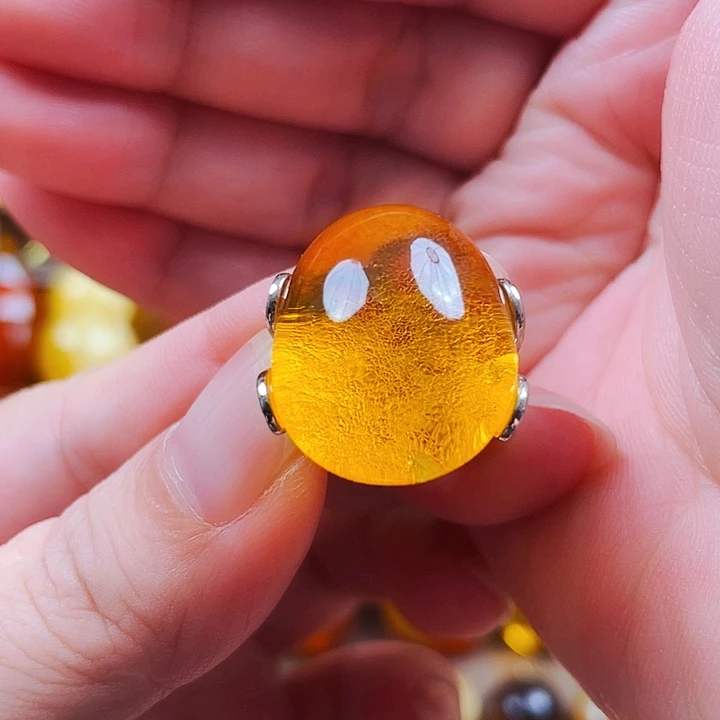 琥珀银S925镶嵌裸石戒指