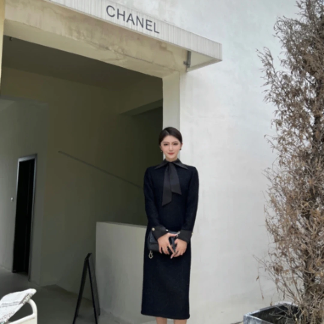 THERHC自制【星空】腔调连衣裙 女装连衣裙气质长袖时尚休闲黑色