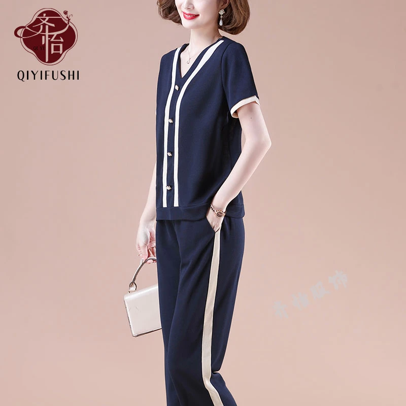 2025新款妈妈夏装时尚两件套短袖上衣高档中老年女装休闲运动套装