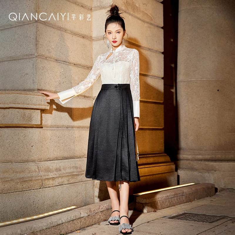 【思朵】Y23424蕾丝气质长袖时尚百搭黑色春季显瘦高腰复古设计师