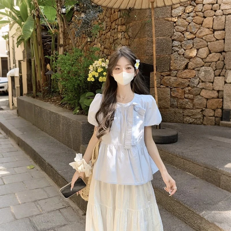 蝴蝶结圆领泡泡袖衬衫女款夏季设计感小众法式甜美娃娃衫蓝色上衣