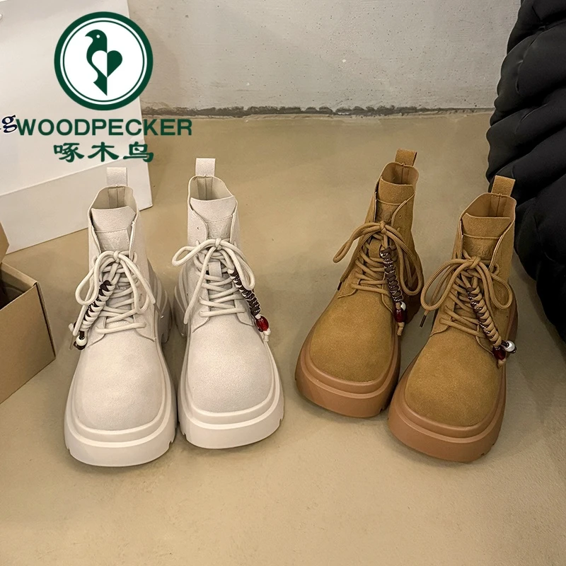 啄木鸟英伦风马丁靴女款秋季2025新款小个子厚底短靴机车大黄靴