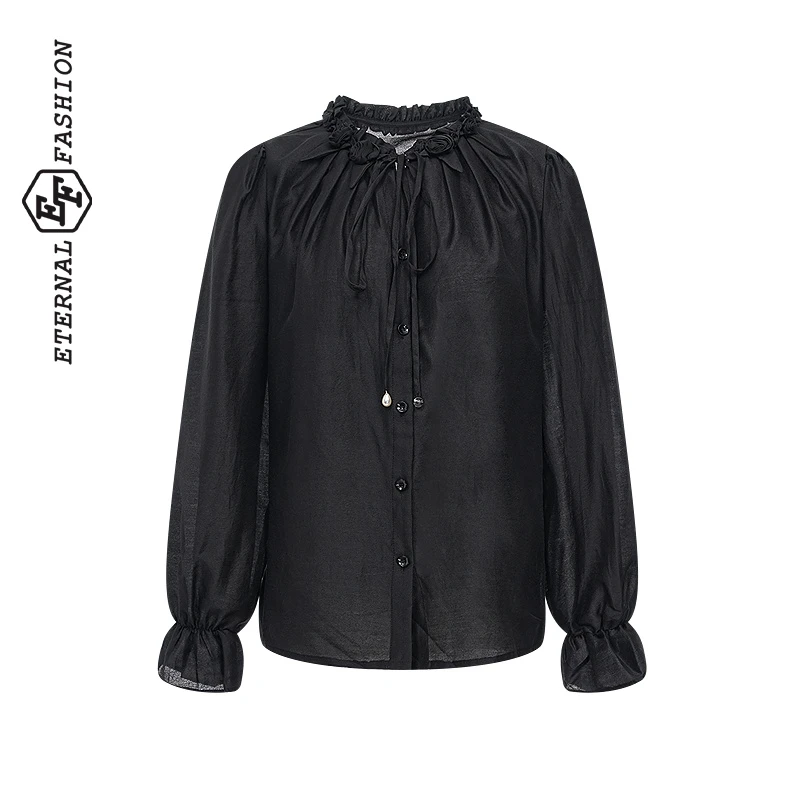 EF赫本风长袖衬衫女2025春季新款洋气花朵百搭长袖上衣E1241A0002