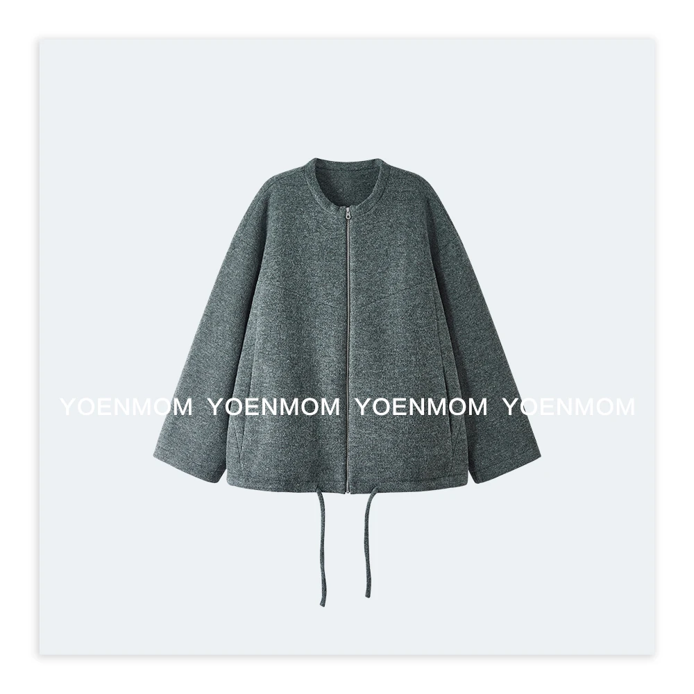 YOENMOM·暖灰调·复合羊毛韩系慵懒休闲范下摆抽绳设计圆领外套