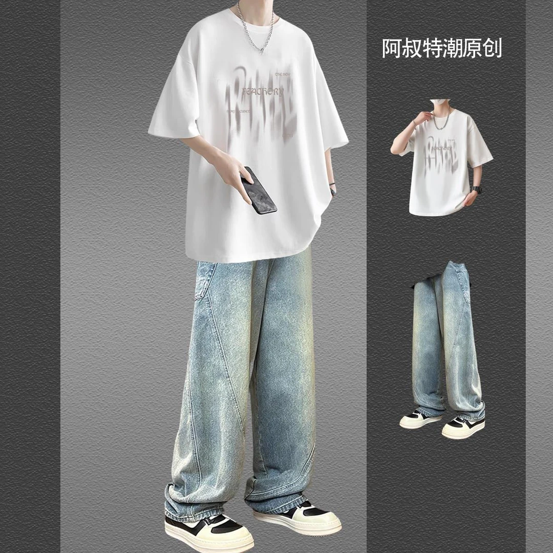 痞帅短袖t恤休闲套装男生夏季学生酷帅穿搭一套美式夏装潮流男装