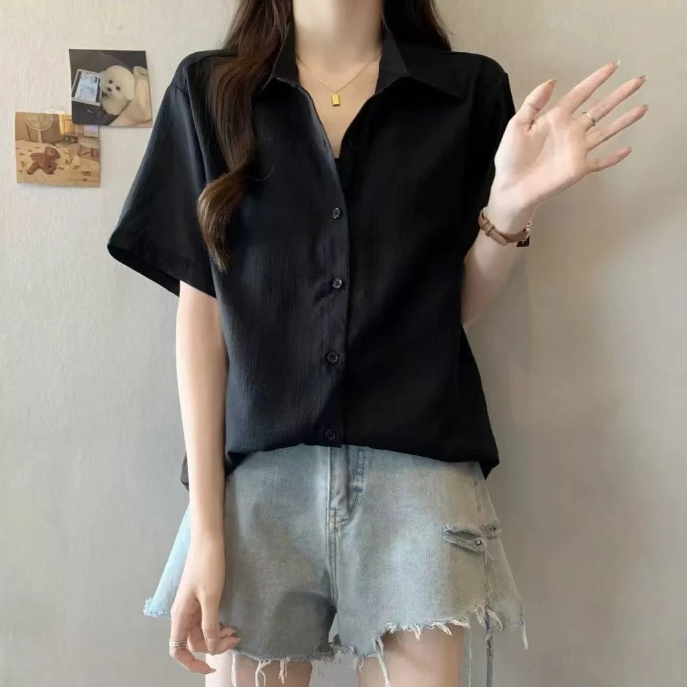 6792 GZ抗皱凉感V领黑色V领衬衫女短袖衬衣