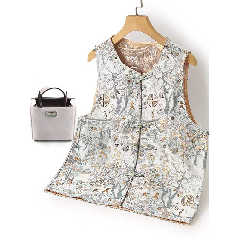 M14 绿福字马甲 新中式国风盘扣正反面穿马甲唐装女士坎肩