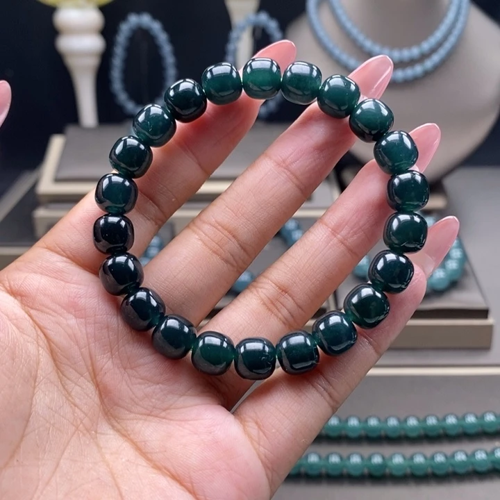 未镶嵌手链翡翠卡9.7mm墨蓝绿有矿点有色根