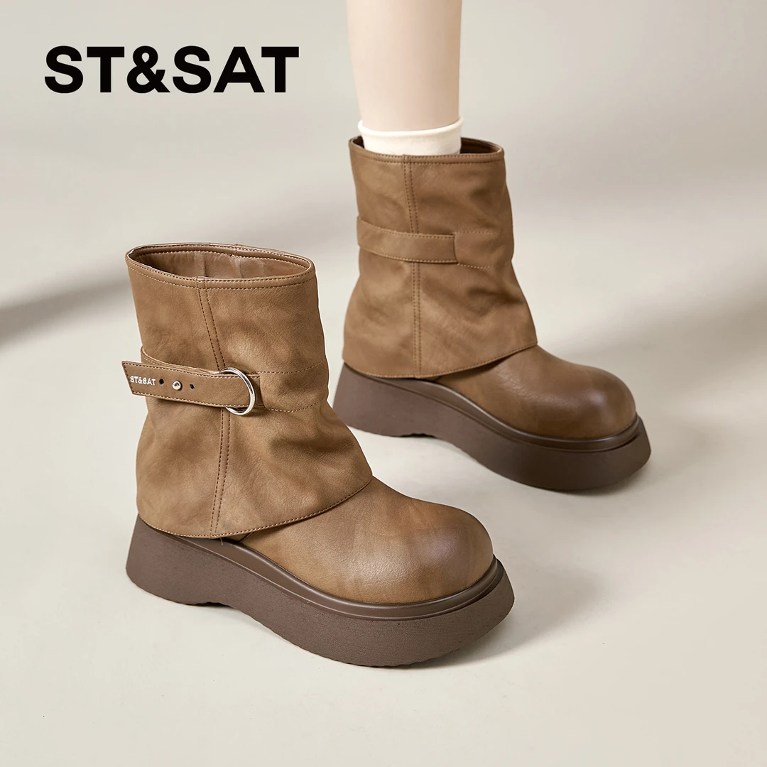 星期六时装靴女2025秋冬季爆款西部骑士靴加绒短靴厚底马丁靴女鞋