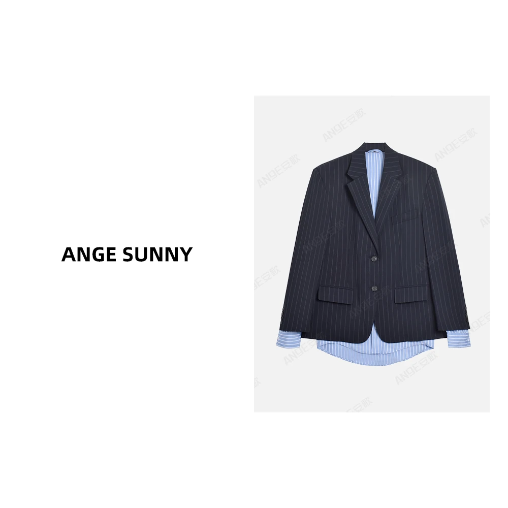 ANGE SUNNY【Ac假两件条纹西装】撞色拼接独特设计层次感西服