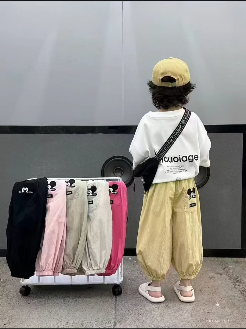 女童夏季韩系卡通涂鸦休闲裤2025新款儿童洋气束脚百搭米奇裤