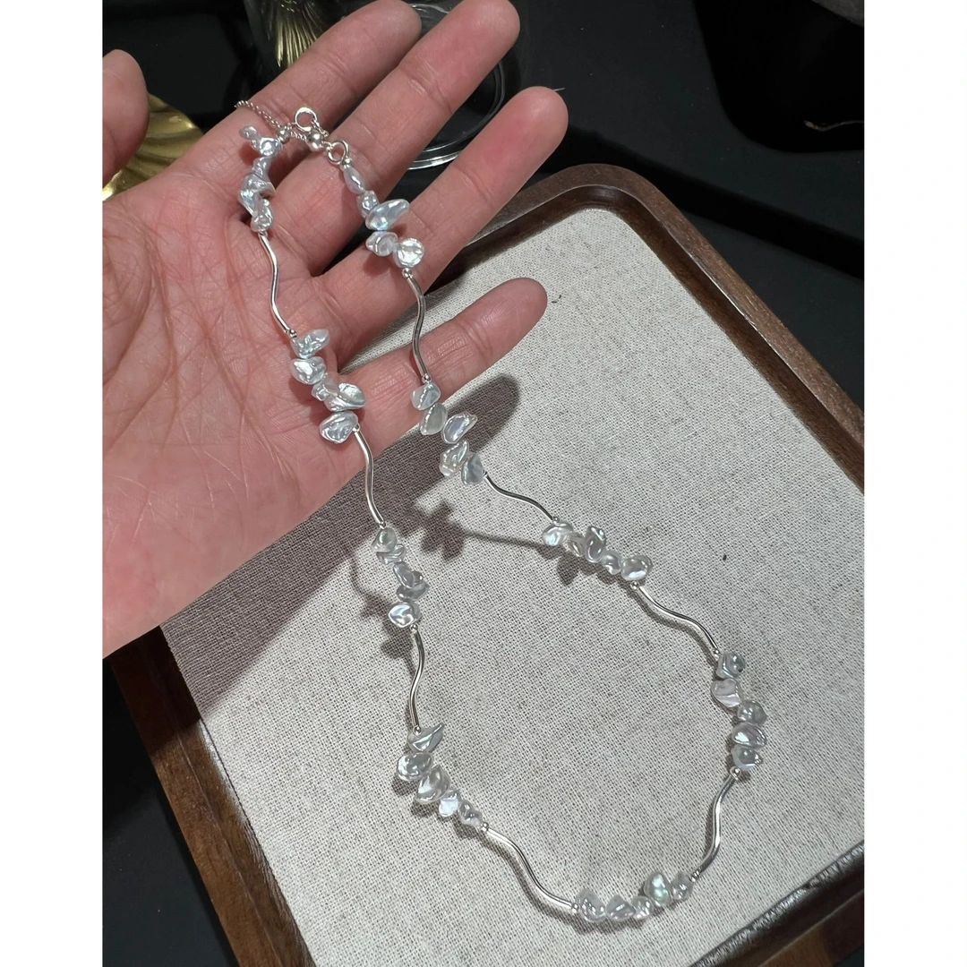 JUNMU花瓣巴洛克珍珠项链keshi银蓝光颈链锁骨链多样性发货发一