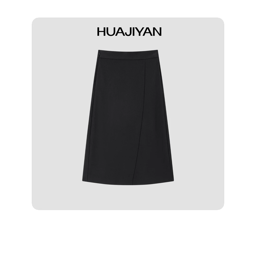 华吉言/HUAJIYAN【华尔兹】天丝麻混纺立裁分割设计微A中长裙