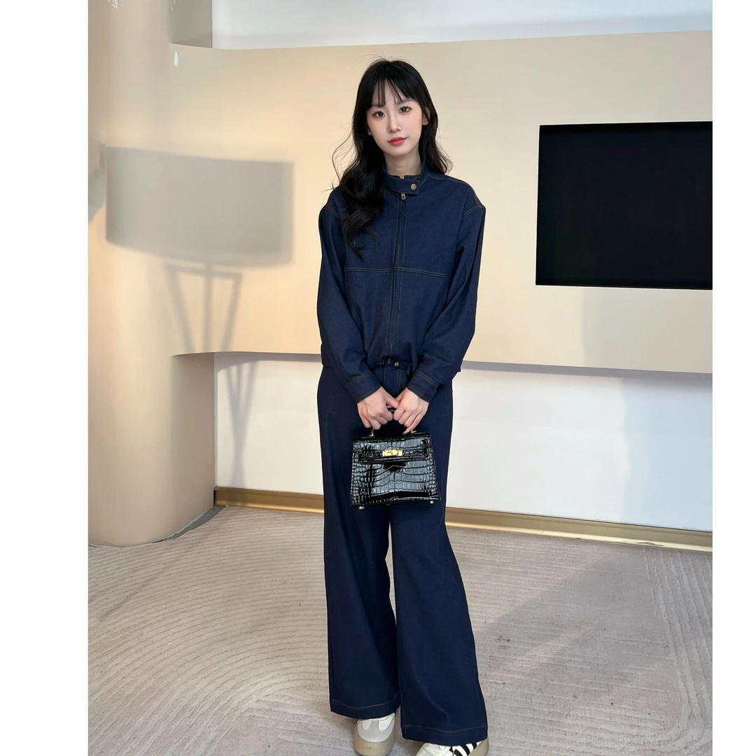 复古长款牛仔外套女春秋新款休闲夹克长裤两件套装10103