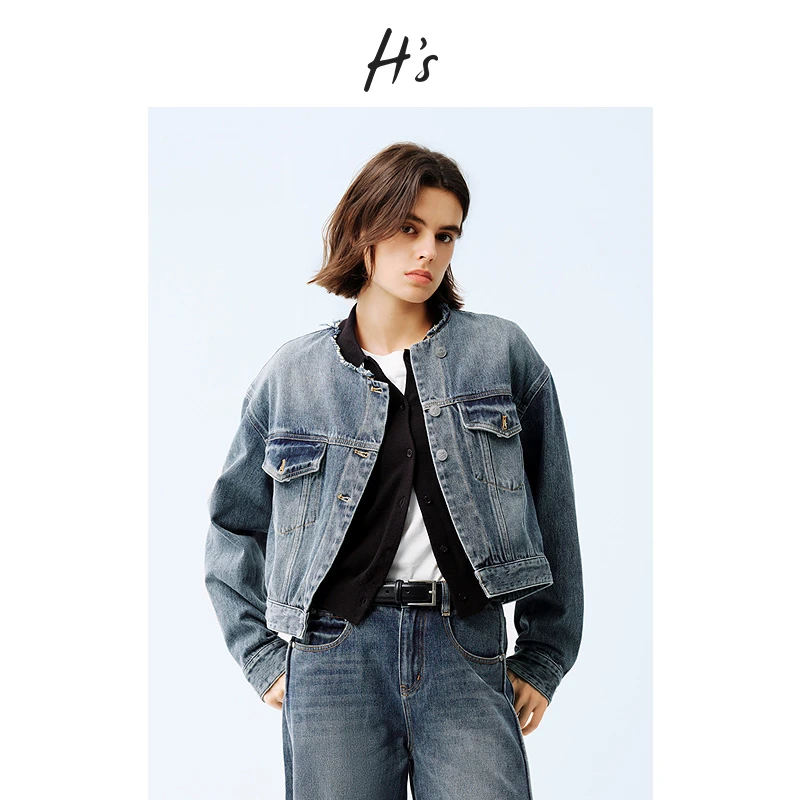 【商场同款】HS超柔纱牛仔外套25春新款复古斜门襟上衣112502106149