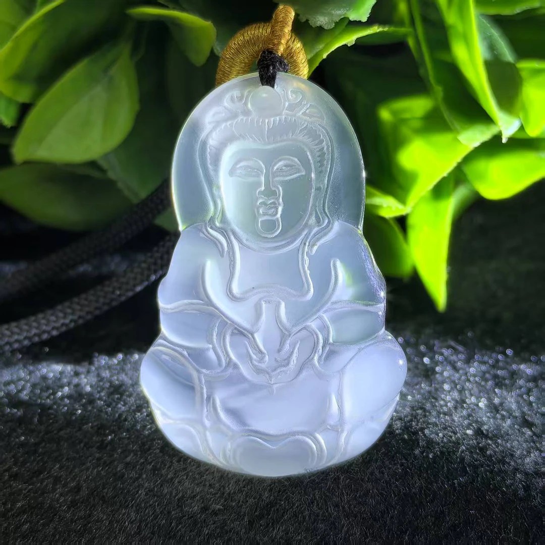 S6954九天玄灵寒冰玛瑙莲花头白观音吊坠-配绳