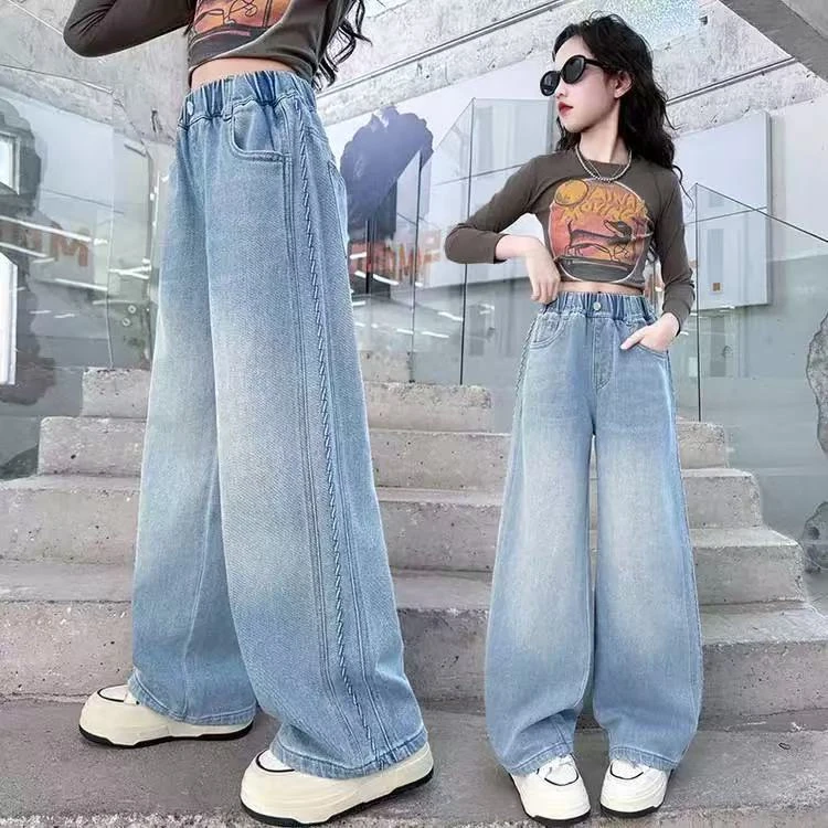 女童春季牛仔裤2025新款中大童洋气百搭阔腿裤儿童春秋季直筒裤子