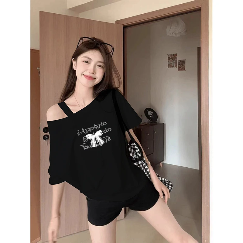 休闲露肩纯棉吊带短袖t恤女夏季2025新款设计感宽松中长款上衣潮