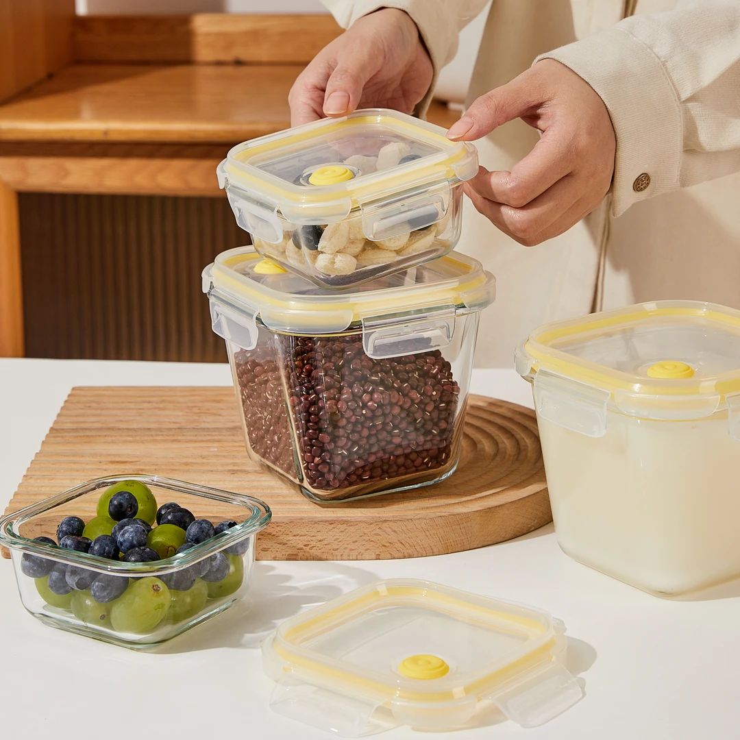 【希乐扣】猪油罐汤碗正方形四件套高硼硅耐热玻璃防漏保鲜盒饭盒